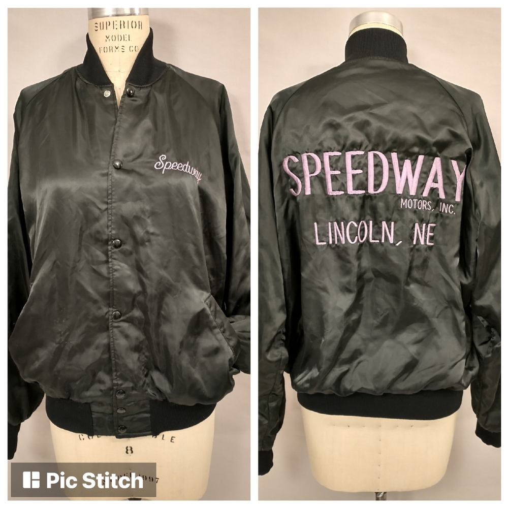 Vintage Satin Bomber Jacket Speedway Motors Lincoln NE sz XL USA made Black